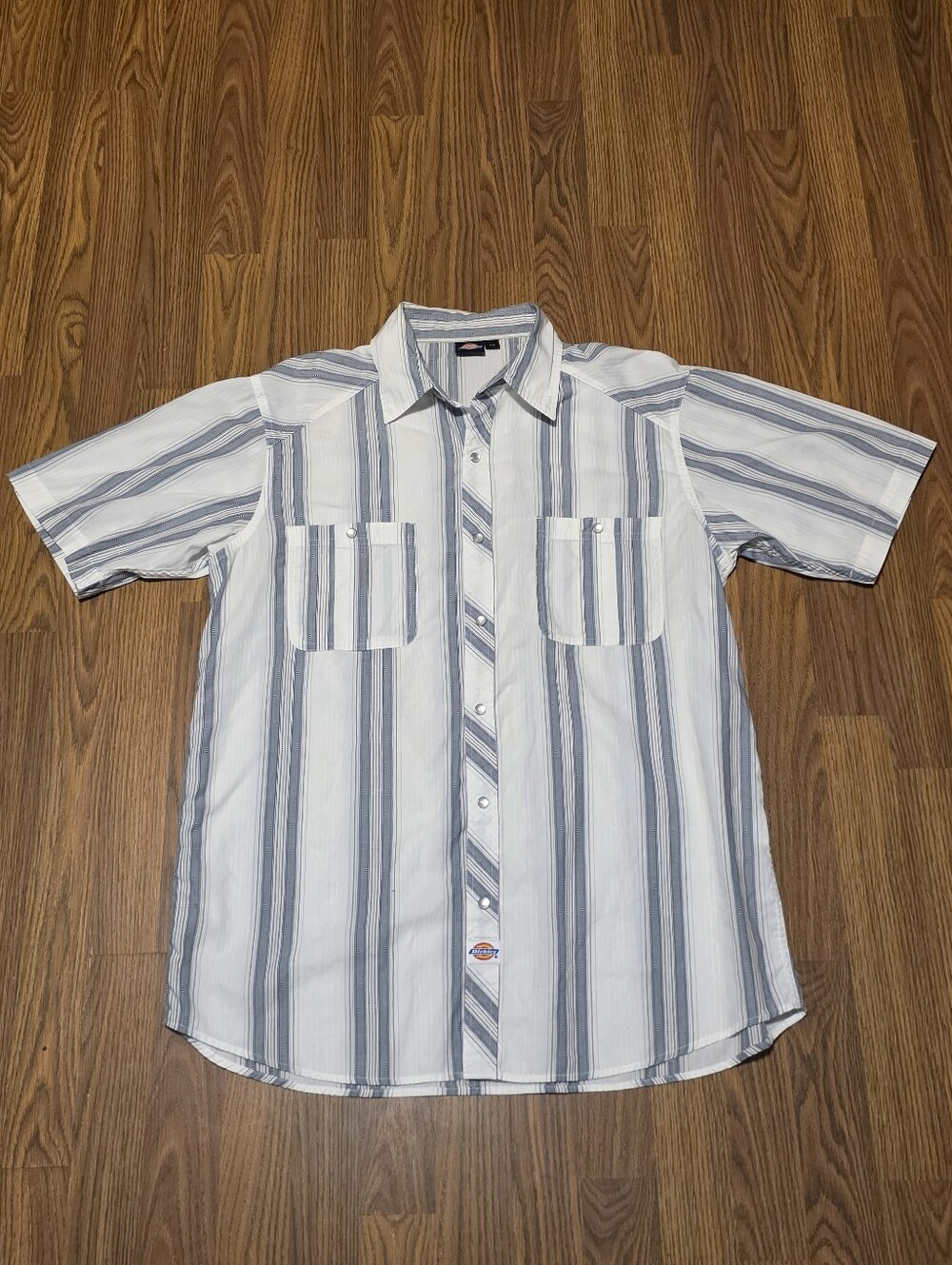 Dickies Pearl Snap Western Shirt Mens L Blue White Striped Work Ranch Vintage